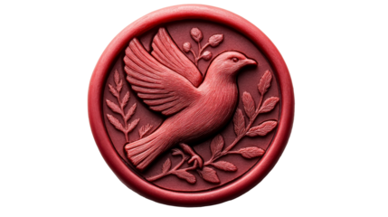 Red wax seal with dove and branch emblem, cut out transparent