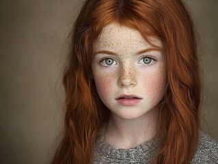 Portrait of a Young Girl with Red Hair and Freckles