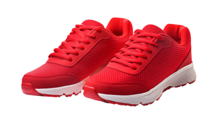 A pair of bright red athletic shoes with white soles isolated on transparent background	