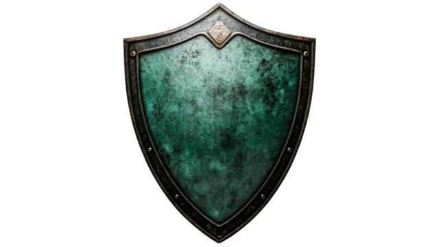 Detailed shield with green surface and metallic border, cut out transparent