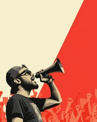 A passionate activist stands in the foreground, using a megaphone to amplify his message. Behind him, a crowd raises their fists in solidarity, creating a powerful atmosphere of unity