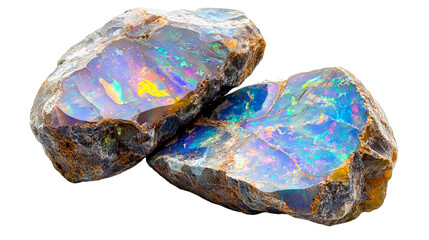 Two rough opal stones, rainbow iridescence, geology specimen, cut out transparent
