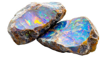 Two rough opal stones, rainbow iridescence, geology specimen, cut out transparent