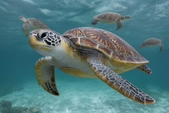 Green sea turtle swimming in turquoise water with other turtles in background