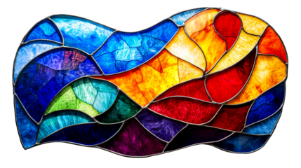 Abstract stained glass panel with vibrant colors, cut out transparent