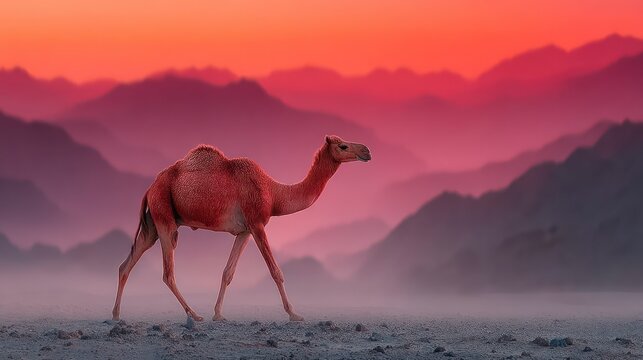 Sunset Silhouette A Majestic Camel Walking Through a Desert Landscape with Vibrant Colors and