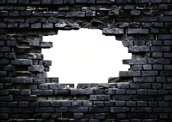 Hole in black brick wall isolated on white background.AI GENERATED
