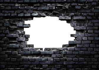 Hole in black brick wall isolated on white background.AI GENERATED