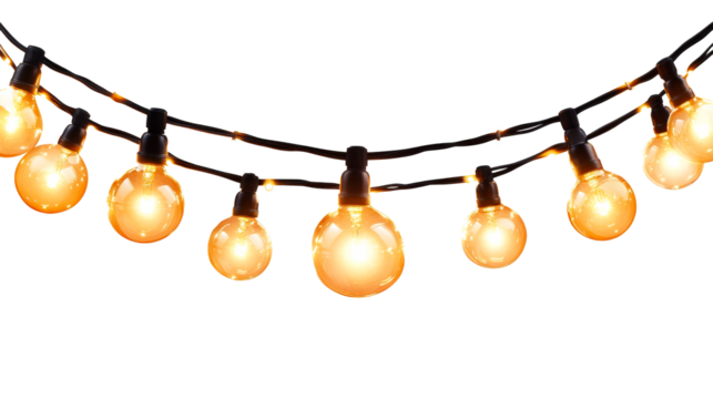 String of illuminated globe lightbulbs, party decoration, cut out transparent