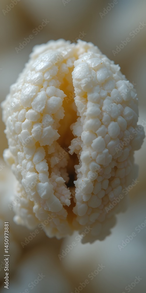 Poster close up of a single popcorn kernel, showing its unique texture. magnified view reveals the details.
