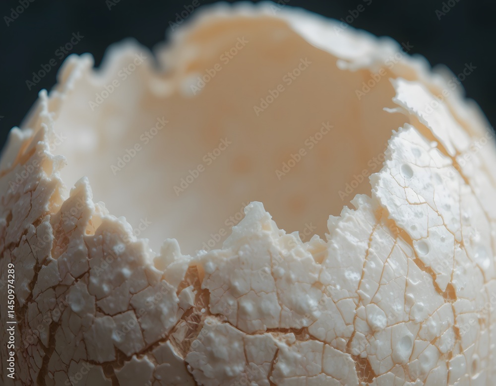 Poster close-up of a cracked eggshell, a fragile beauty shown in its rough texture. the broken shell, a tes