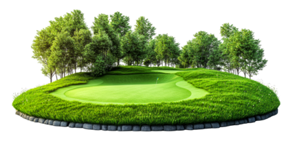 Golf course green with flag and trees on mound, cut out transparent