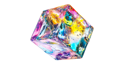 Iridescent block with fluid inclusions and colors, cut out transparent