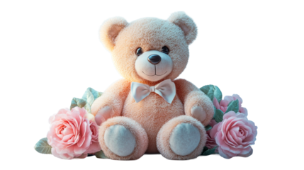 Stuffed teddy bear with pink roses bouquet, cut out transparent
