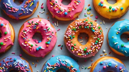 Donuts with colorful glaze and sprinkles, fun and playful layout