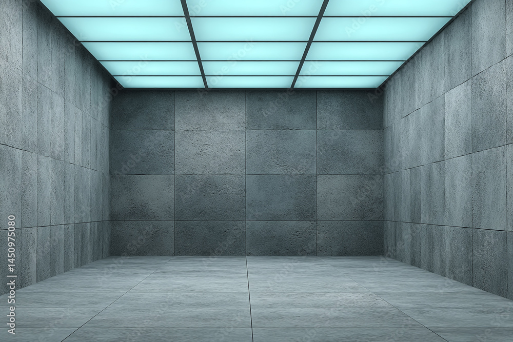 Poster Empty room with gray tile walls and a teal ceiling showcasing blank space ideal for product display or advertisement
