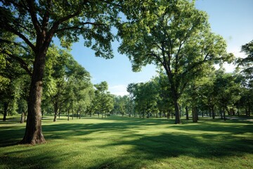 Fototapeta premium View of a green field with trees under a clear blue sky on a sunny day