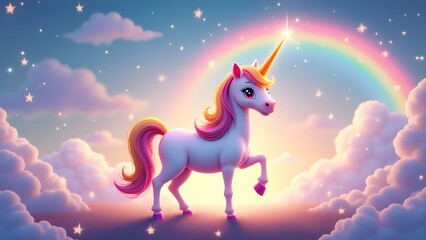 Fototapeta premium Magical unicorn with rainbow mane in dreamy, pastel fantasy landscape.