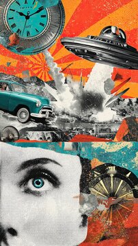 Surreal blend of retro elements, UFOs, and explosions captures a vivid imagination of the past and future