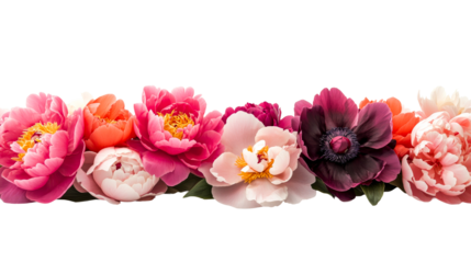Row of peonies, anemones with pink and orange shades, cut out transparent