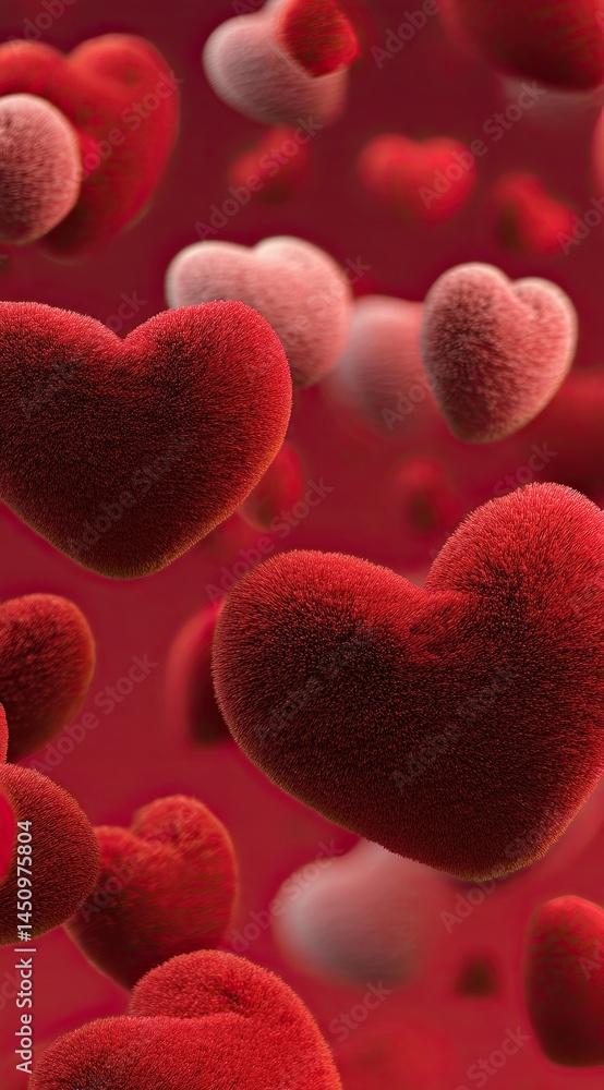 Poster soft red and pink hearts floating against a deep red background create a romantic atmosphere for spe