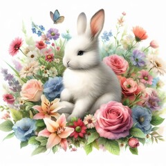 White Watercolor Bunny Rabbit Surrounded by Pastel Flowers