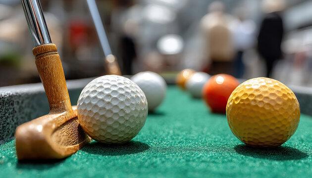 Macro detail of colorful golf balls and clubs on bright mini golf course Generated with AI