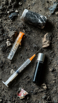 Discarded syringes, vial, and broken container on dirty ground, depicting drug abuse and environmental pollution, highlighting social issues and public health concerns