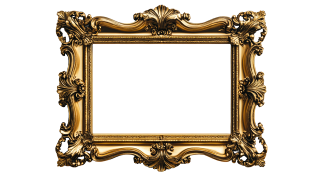 Detailed ornate gilded picture frame, rectangular shape, cut out transparent