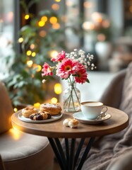 Cozy Cafe Corner: A serene cafe scene is set with a delicate floral arrangement, a warm cup of coffee, and pastries on a wooden table, offering a sense of relaxation and comfort.
