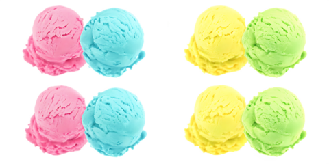 Set bundle of vibrant ice cream scoops, colorful flavor transparent PNG isolated background. Pink, blue, yellow, green bubblegum flavors, tasty summer presentation, scoop flavour cue