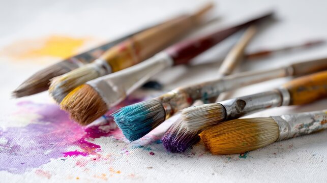 Close-up of colorful stained paintbrushes scattered across artist canvas with vibrant paint splashes