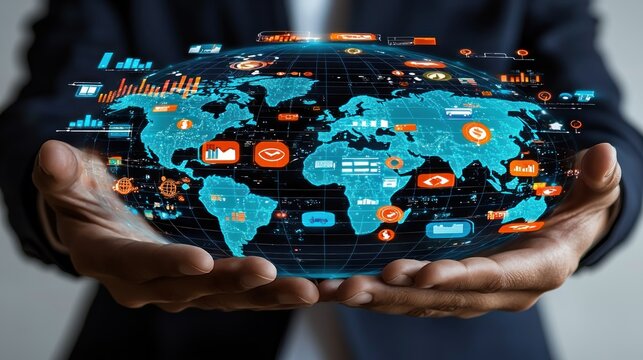 World map network in hands