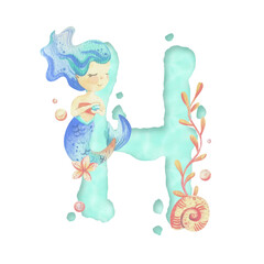 Capital letter of the Latin alphabet H with a mermaid and seaweed, corals, shells, bubbles. In gentle pastel colors of blue, turquoise, coral and pink. Watercolor illustration hand-drawn. Composition