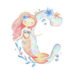 Capital letter of the Latin alphabet C with a mermaid and seaweed, corals, shells, bubbles. In gentle pastel colors of blue, turquoise, coral and pink. Watercolor illustration hand-drawn. Composition