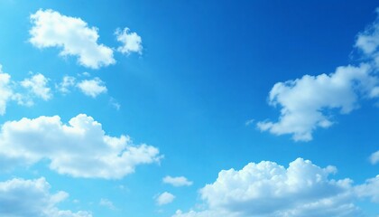 Fototapeta premium Cloudscape Serenity: A vast expanse of vivid blue canvas, painted with fluffy, pristine clouds, evoking a sense of peace and limitless freedom. This image invites a moment of calm reflection. 