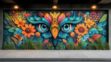 Vibrant Owl Mural with Floral Elements and Blue Eyes