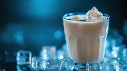 Vanilla Protein Shake in a Glass with Ice Cubes