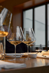A glass of sparkling wine in close-up, Champagne tasting, Wine glasses are on the table, stylish table setting, sparkling wine bubbles, oysters and sea urchins, special sauce
