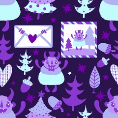 Winter monsters seamless Christmas yeti pattern for wrapping paper and fabrics