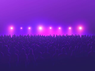 Obraz premium A large crowd of people stands together at a music event, immersed in colorful purple lighting that enhances the vibrant atmosphere. Excitement fills the air as they await the performance.