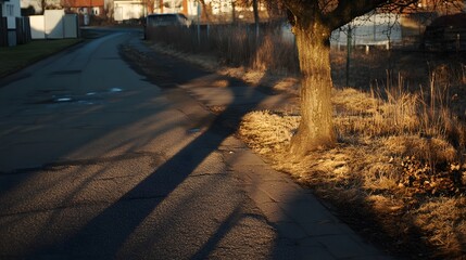 Obraz premium Golden Hour Shadows on Asphalt Road and Tree