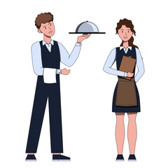 Restaurant staff characters male and female waiter in uniform, vector illustration