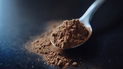 Chocolate Protein Powder in a Measuring Spoon on a Table