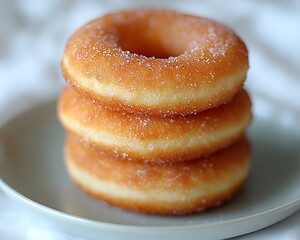 Three sugared doughnuts stacked on plate