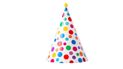 Isolated conical party hat with colorful polka dots isolated on transparent background	