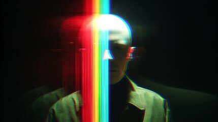 Abstract Glitch Portrait of Man with Rainbow Light Beam Splitting Face in Digital Art Style