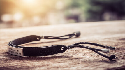 Close-up of a single festival wristband on wood with soft light