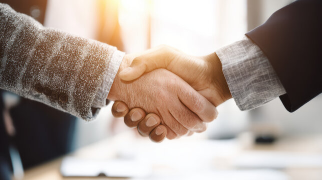 Close up on a handshake between two colleagues showing collaboration and agreement in a modern office setting du a meeting to finalize the deal process.