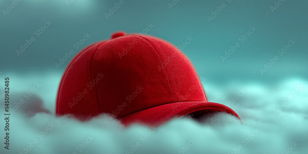 Aufkleber Red baseball cap in soft, white clouds, showcasing textile texture and blank space for branding, creating a minimalist and stylish product display